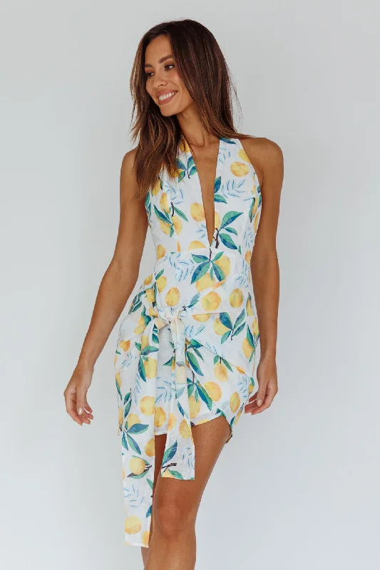 Euro Trip Halter Wrap Mini Dress Lemon