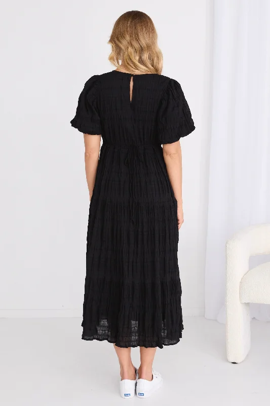 Graceful Black Shirred Cotton Bubble Sleeve Tiered Maxi Dress