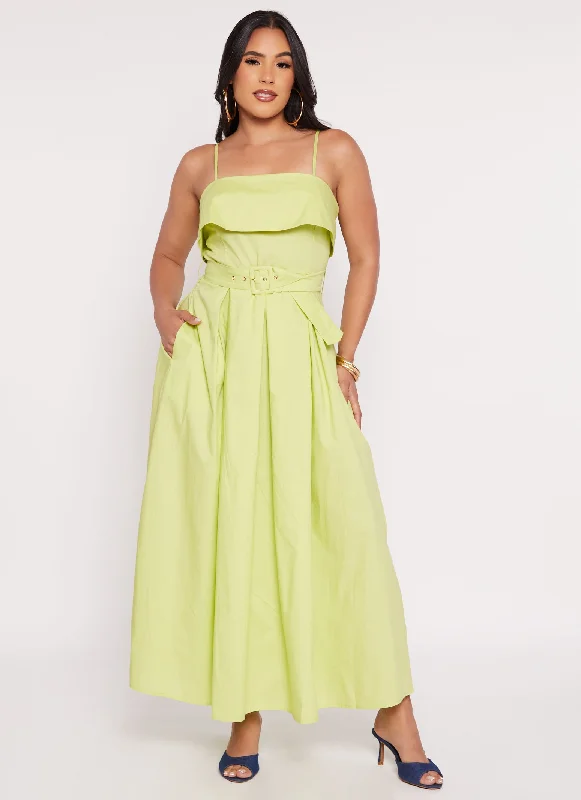 Haute Monde Poplin Belted Square Neck Maxi Dress