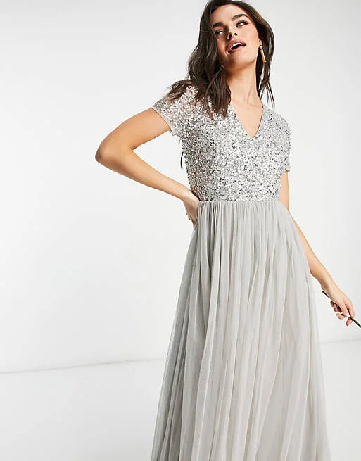 Grey V-Neck Short Sleeve Sequin Maxi Dress