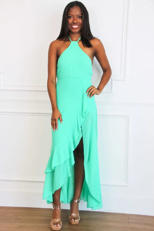 Heather High Neck Ruffle Maxi Dress: Spearmint Green