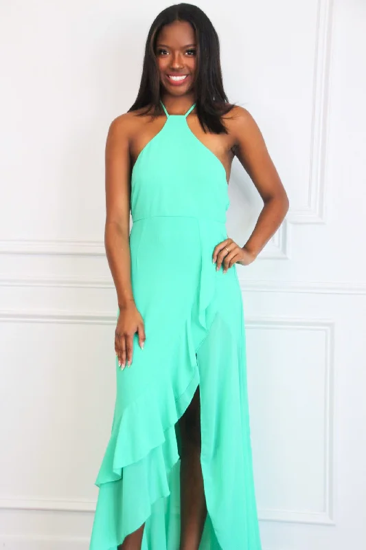 Heather High Neck Ruffle Maxi Dress: Spearmint Green