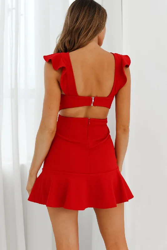 Jackie Wide Ruffle Hem Pinafore Dress Red