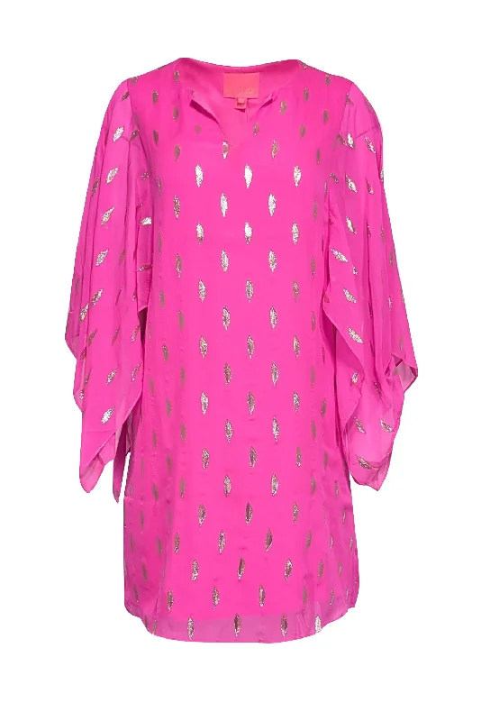 Lilly Pulitzer - Bright Pink Silk Caftan Dress w/ Metallic Clip Dot Pattern Sz 2