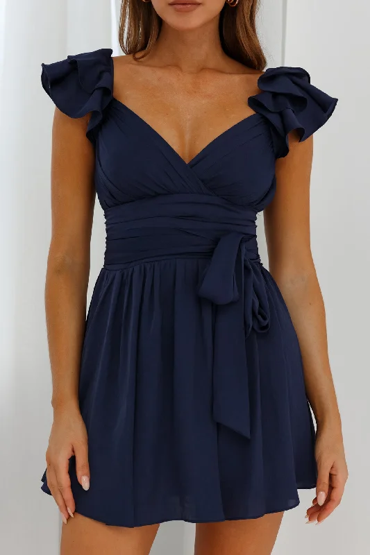 Lola Ruffle Shoulder Ruched Dress Navy