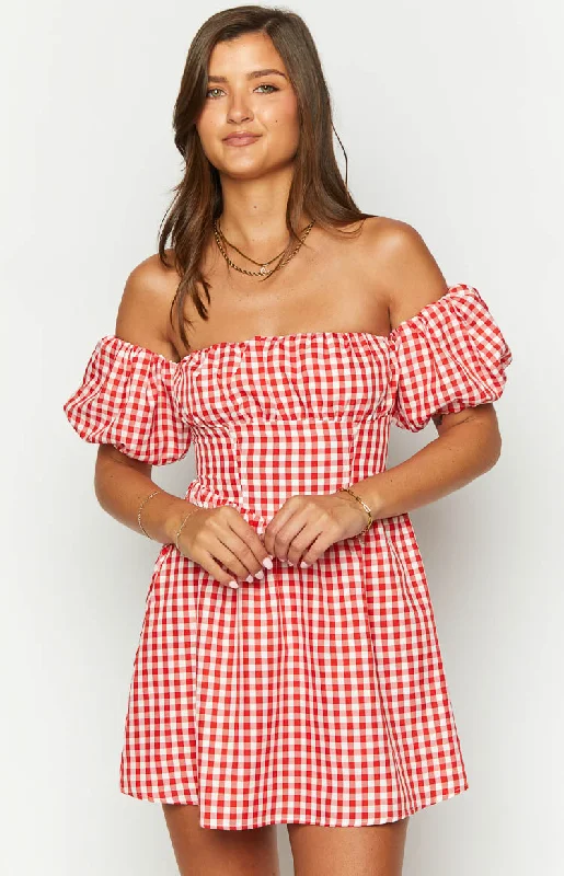 Love Lost Off The Shoulder Red Gingham Mini Dress