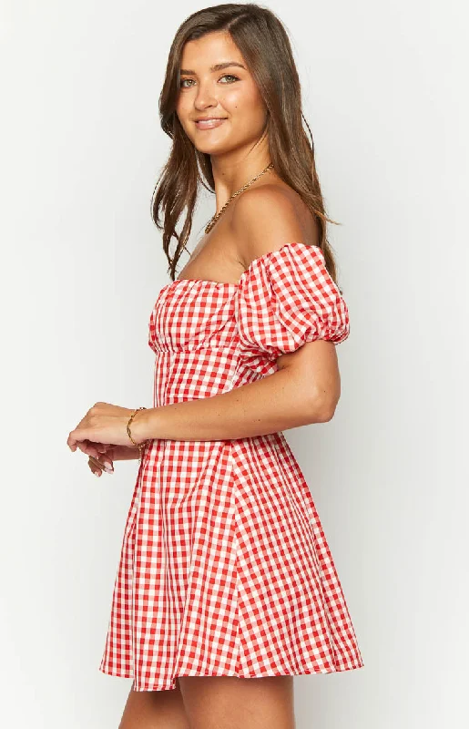 Love Lost Off The Shoulder Red Gingham Mini Dress