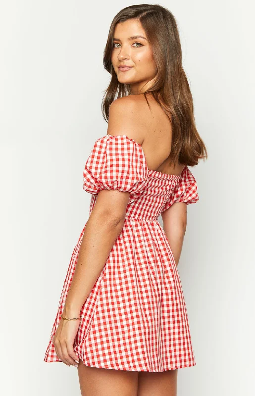 Love Lost Off The Shoulder Red Gingham Mini Dress