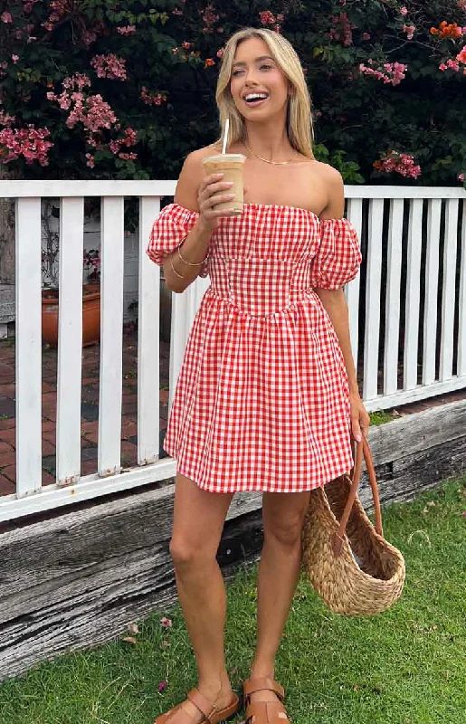 Love Lost Off The Shoulder Red Gingham Mini Dress