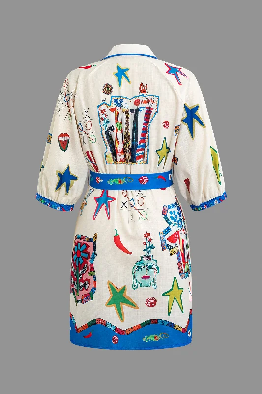 Art Print Shirt Mini Dress With Belt