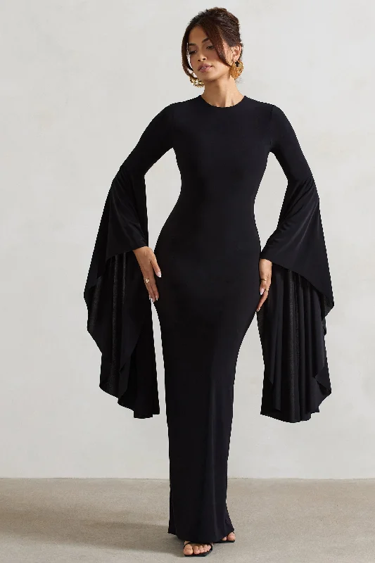 Modena | Black Waterfall Sleeve Maxi Dress