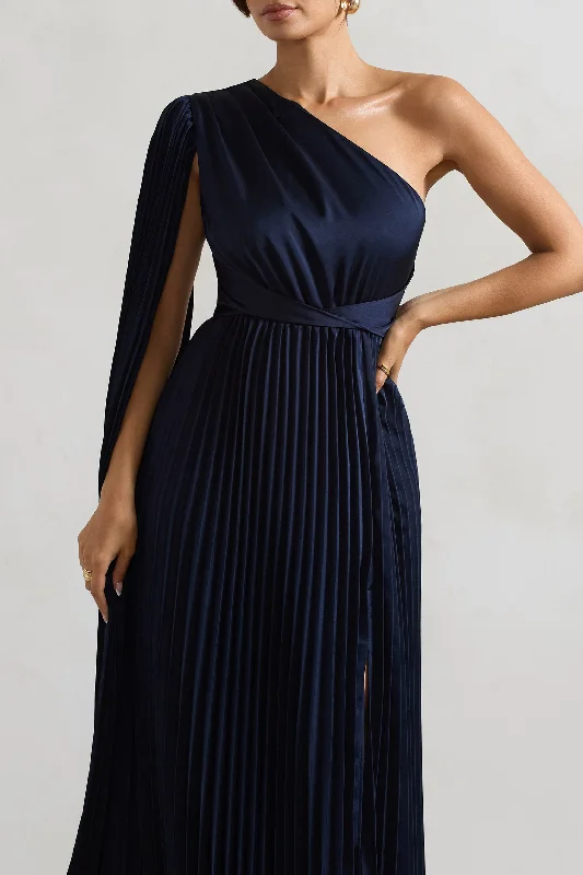 My Vision | Navy Plisse Asymmetric Split Maxi Dress With Cape Sleeve