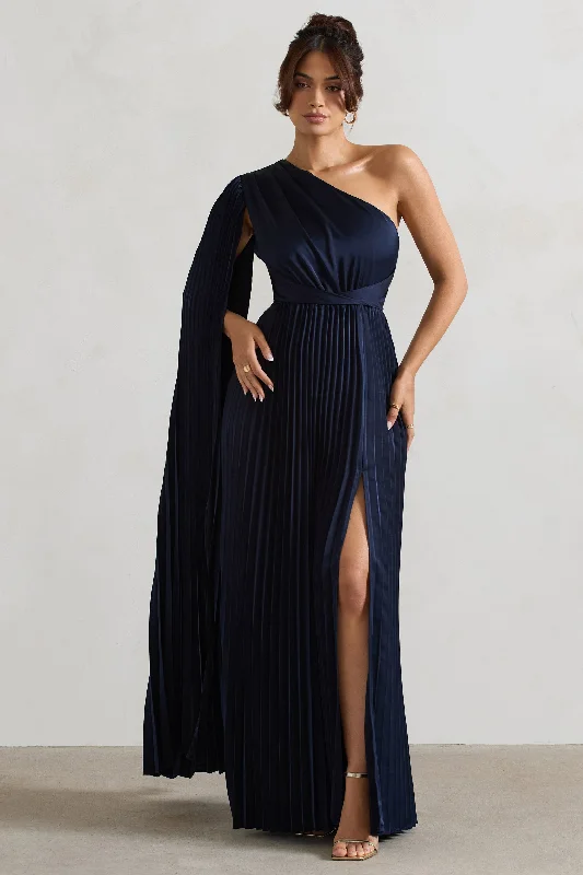 My Vision | Navy Plisse Asymmetric Split Maxi Dress With Cape Sleeve