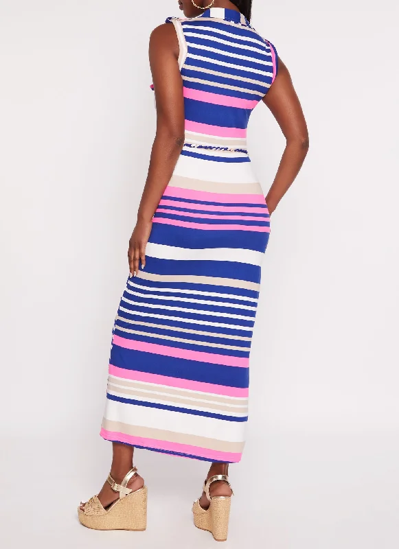 Sleeveless Striped Maxi Shirt Dress