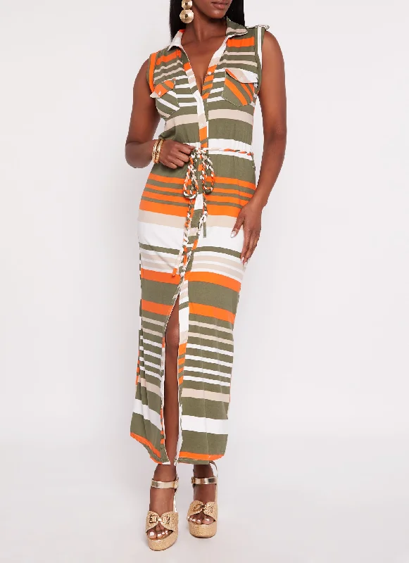 Sleeveless Striped Maxi Shirt Dress