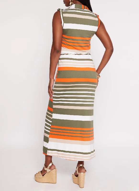 Sleeveless Striped Maxi Shirt Dress