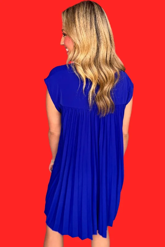 Royal Blue V Neck Back Accordion Pleat Detail Dress