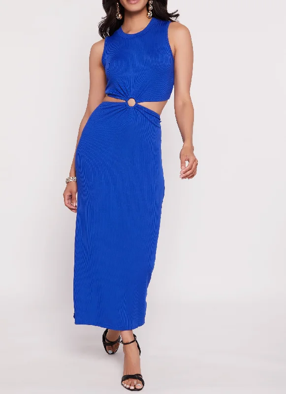 Solid Ribbed O Ring Cut Out Maxi Dress