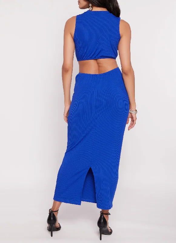 Solid Ribbed O Ring Cut Out Maxi Dress