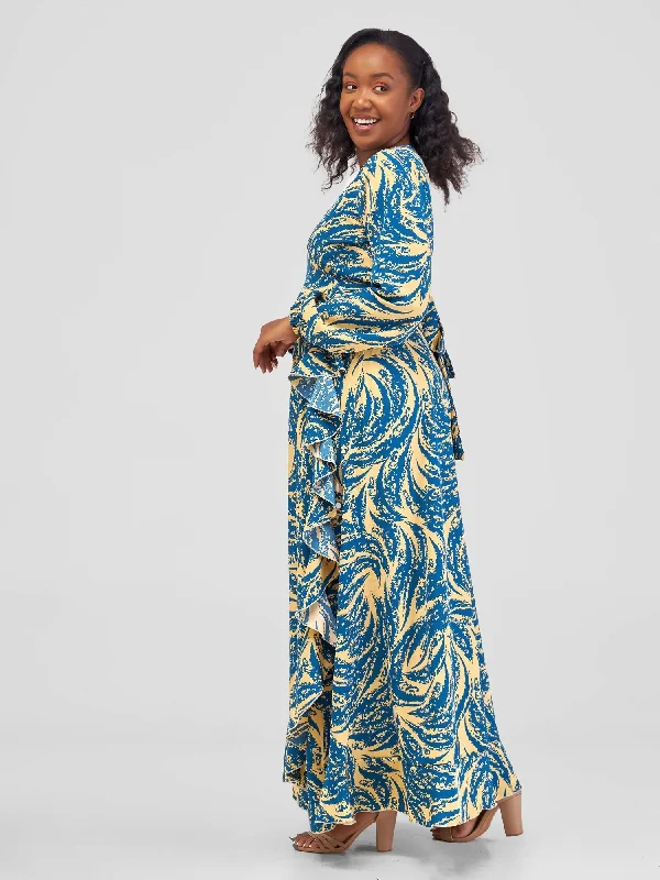 Salok Havilah Wear Kyra Wrap Dress - Blue / Yellow Print