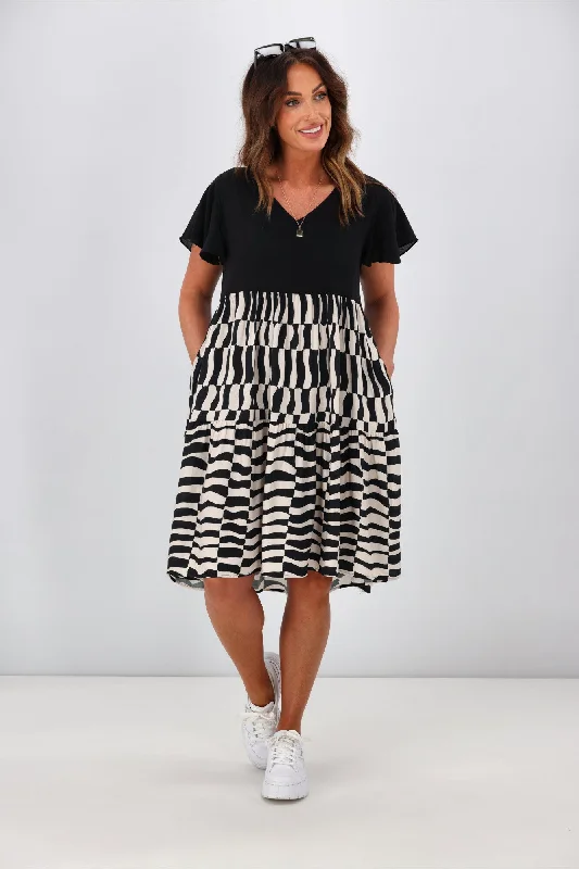 Sunday Boho Amelia Dress Swirl Print Black Beige