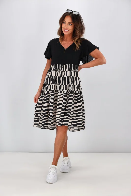 Sunday Boho Amelia Dress Swirl Print Black Beige