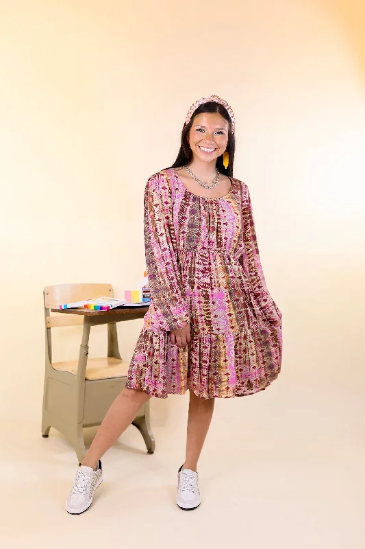 Sweetest Anticipation Long Sleeve Dress with Tiered Hem in Brown Multi