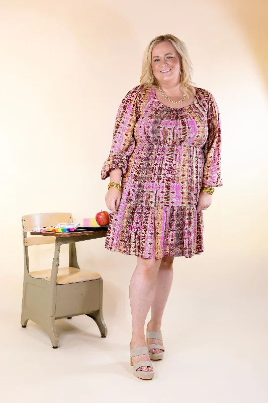 Sweetest Anticipation Long Sleeve Dress with Tiered Hem in Brown Multi