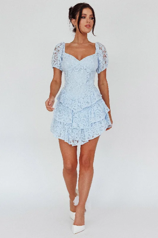 Tayah Tiered Lace Mini Dress Light Blue