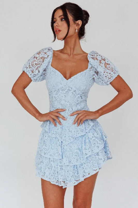 Tayah Tiered Lace Mini Dress Light Blue