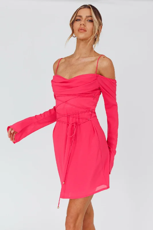 Teava Off-Shoulder Sleeve Laced Mini Dress Hot Pink