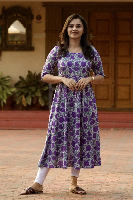 Violet Floral Block Printed Anarkali