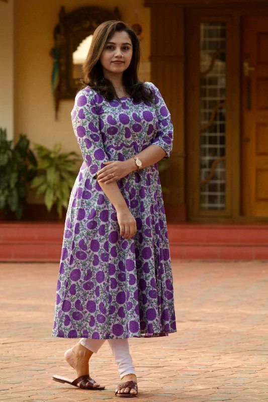 Violet Floral Block Printed Anarkali