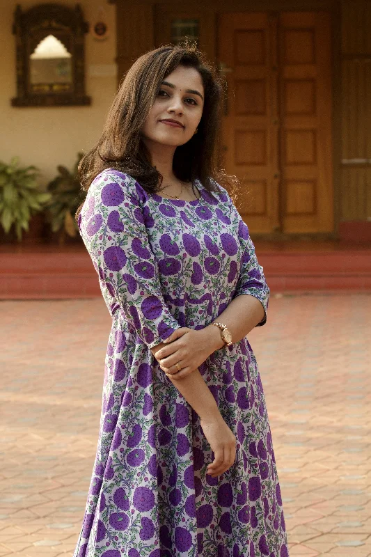 Violet Floral Block Printed Anarkali