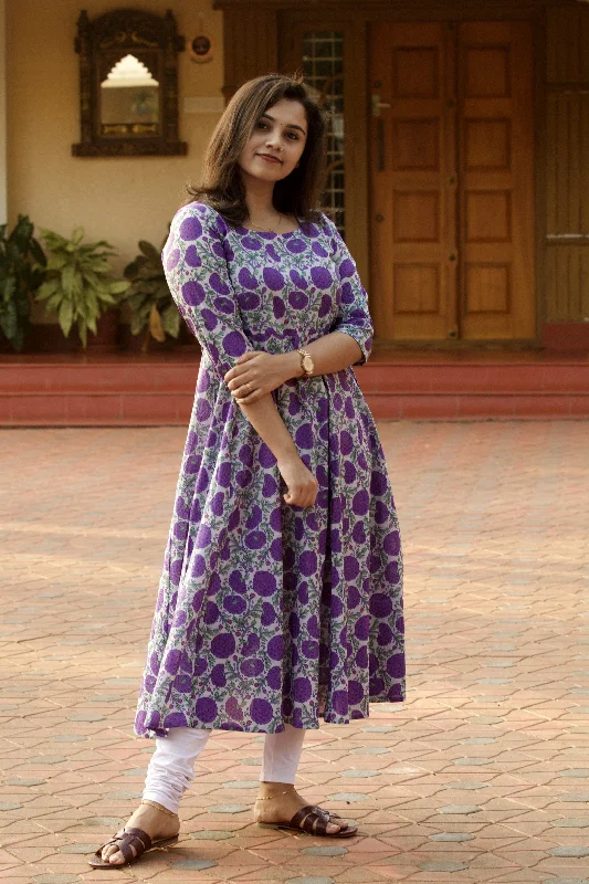 Violet Floral Block Printed Anarkali