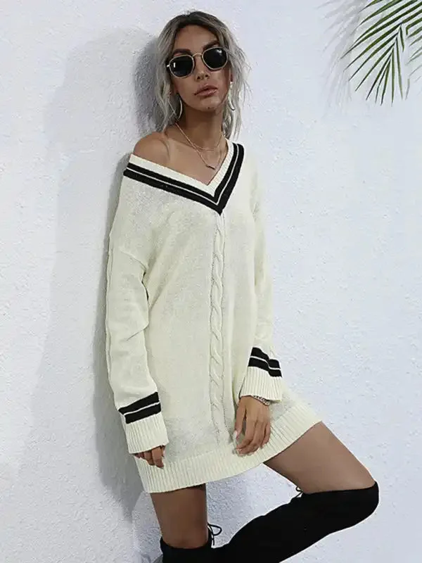 women’s stitching v-neck long bottoming knitted sweater dress