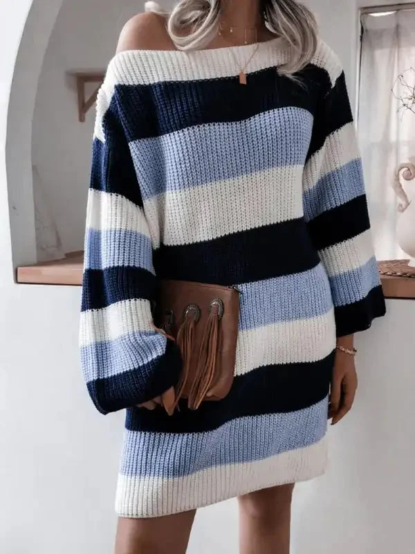 Women’s straight neck off shoulder loose contrast striped knitted wool dress