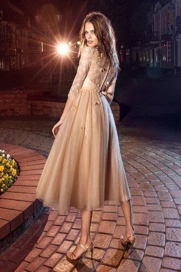 A-Line Tea-Length High Neck Half Sleeve Tulle Illusion Dress With Appliques And Flower