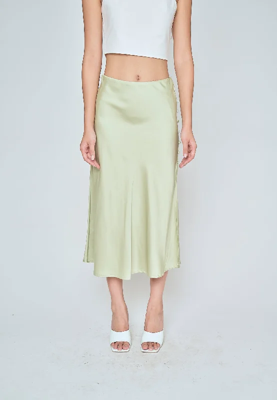 Ainsley Pastel Green Silk Side Buttons Midi Skirt