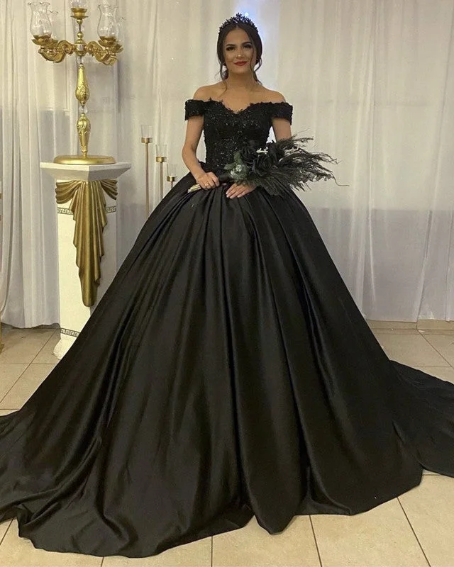 Black Wedding Dress Off Shoulder Satin Ball Gown Lace Appliques