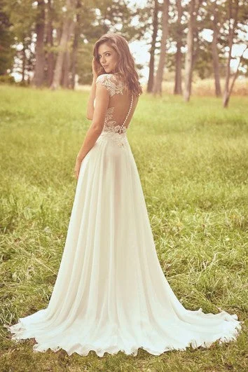 Appliqued Cap Sleeve Illusion Plunging Neckline And Illusion Back Lace Chiffon Wedding Dress