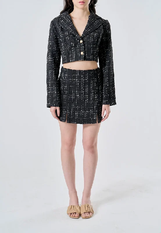 Astraea Black Tweed Notched Collar Long Sleeve Cropped Blazer and Side Zipper Casual Mini Skirt Set