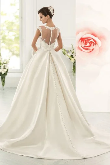 Ball Gown Floor-Length Jewel Cap-Sleeve Illusion Satin Dress With Appliques