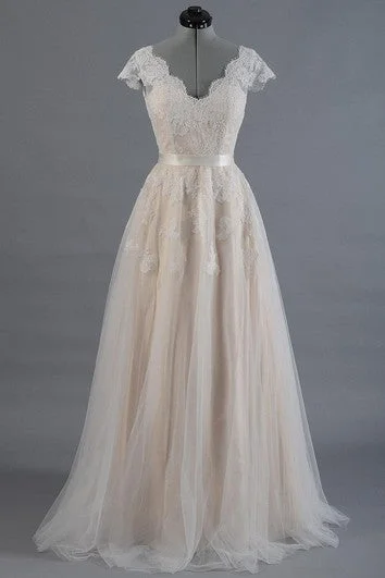 Cap Sleeve V-Neck A-Line Tulle Dress With Lace Bodice and Satin Sash