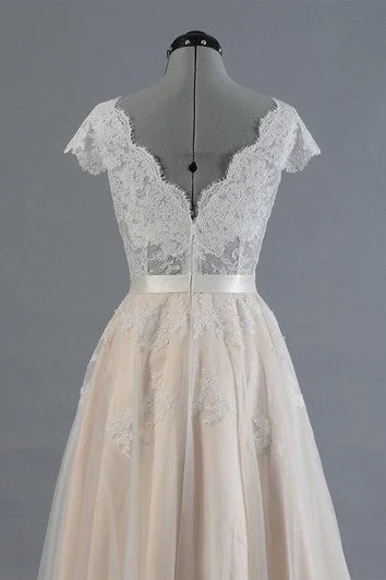 Cap Sleeve V-Neck A-Line Tulle Dress With Lace Bodice and Satin Sash