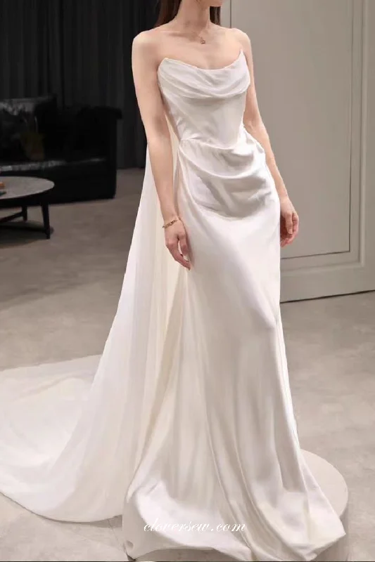 Chiffon And Silk Satin Strapless With Detachable Train Mermaid Beach Wedding Dresses, CW0383