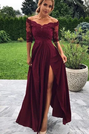 Chiffon Lace Ankle-length A Line Half Sleeve Vintage Prom Dress