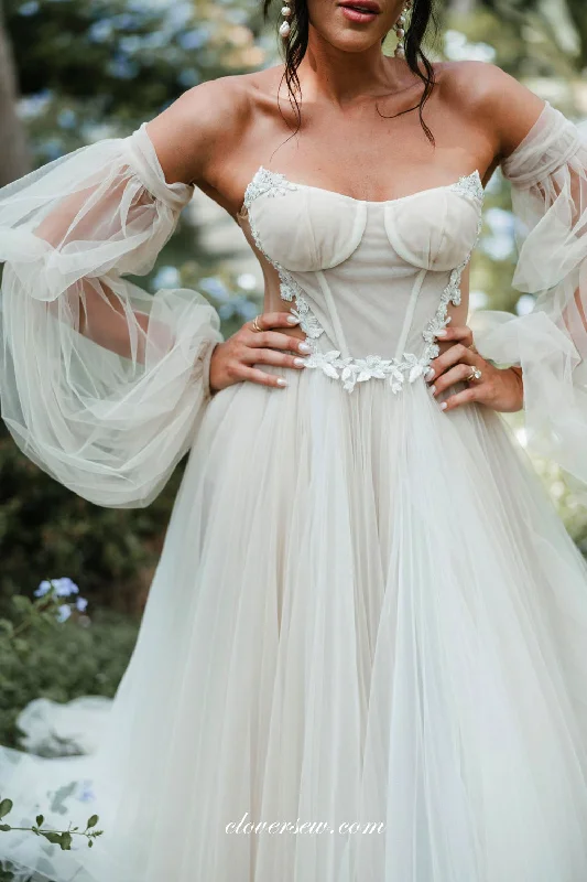 Convertible Puffy Sleeves Strapless Tulle Appliques A-line Fashion Wedding Dresses, CW0385