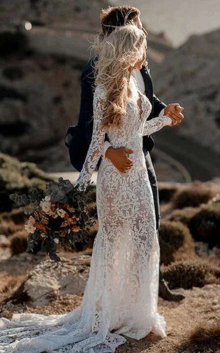 Country Lace Long Sleeve Plunged Sheath Backless Wedding Dress with Court Train