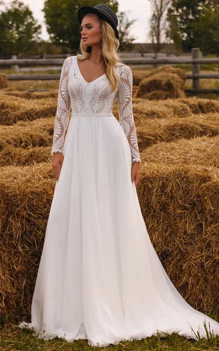 Courtry V-neck Long Sleeve Chiffon Simple Boho Wedding Dress with Lace Top